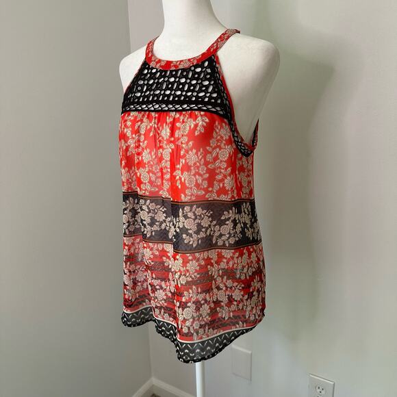 Meadow Rue Anthropologie black, orange and cream floral sleeveless top size S - Picture 3 of 12